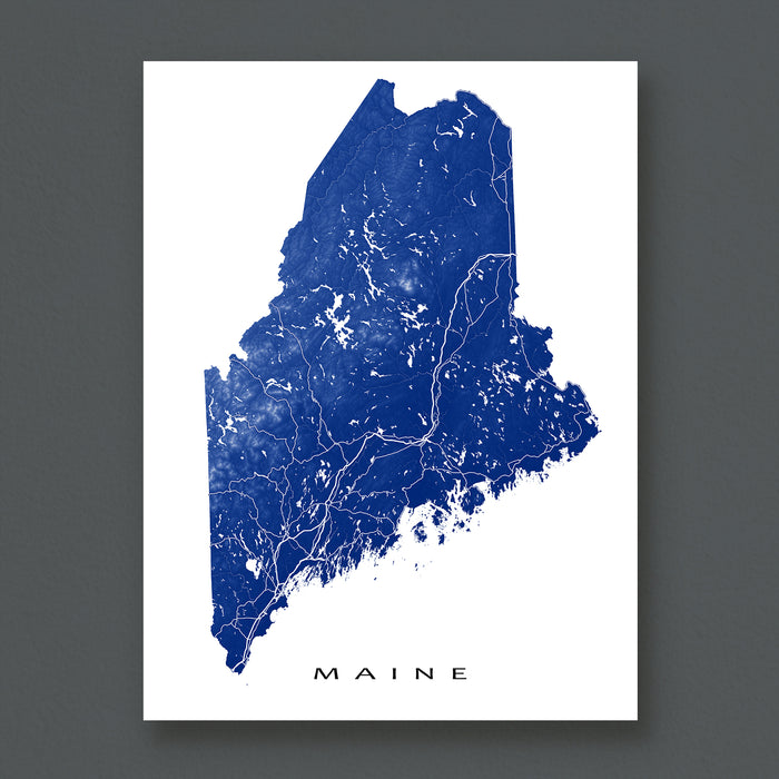 Map of Maine in blue on a white background