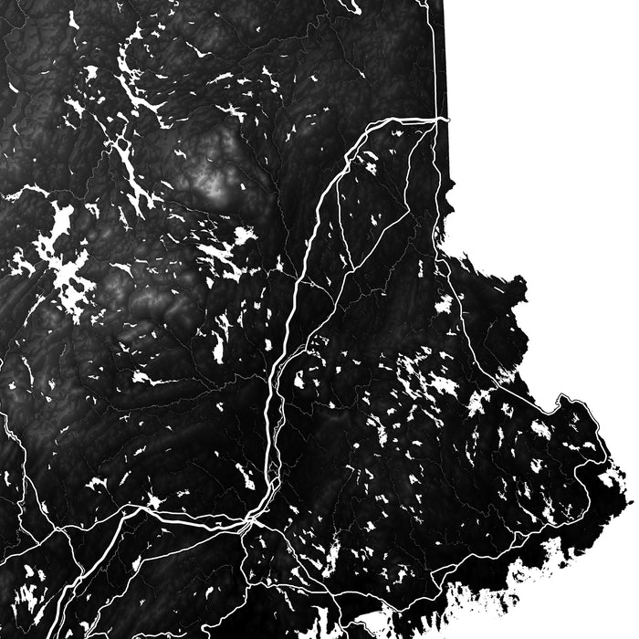 Topographic map with white lines and patterns on a black background