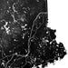 Topographic map with white lines and patterns on a black background