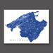 Map of Mallorca with blue and white design on a dark gray background