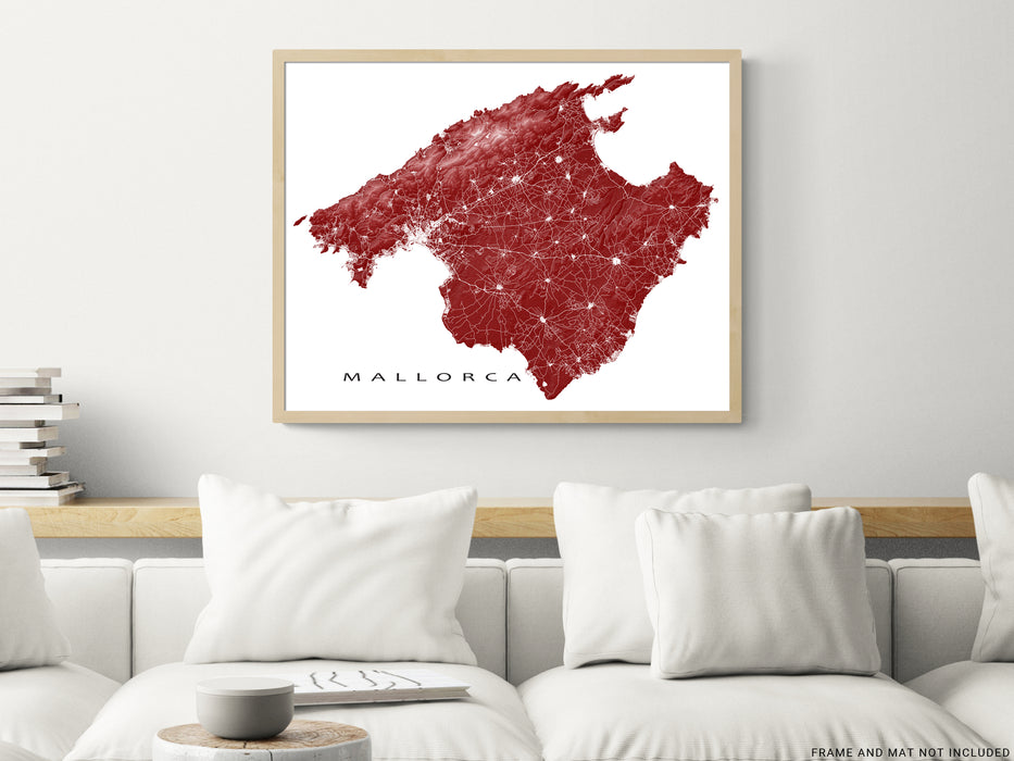 Mallorca, Spain map print with natural island landscape and main roads designed by Maps As Art.