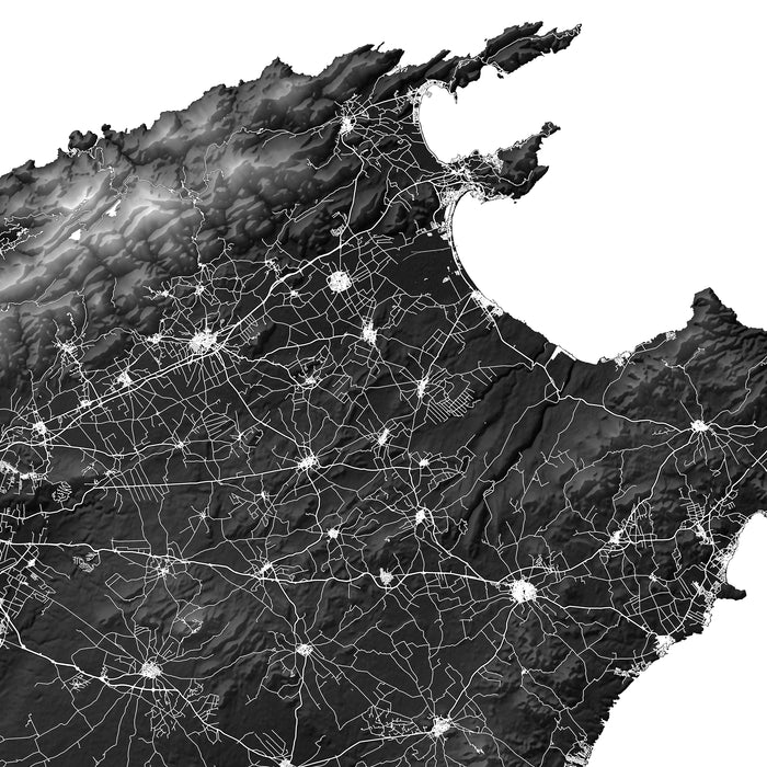 Topographic map with road network of a coastal region