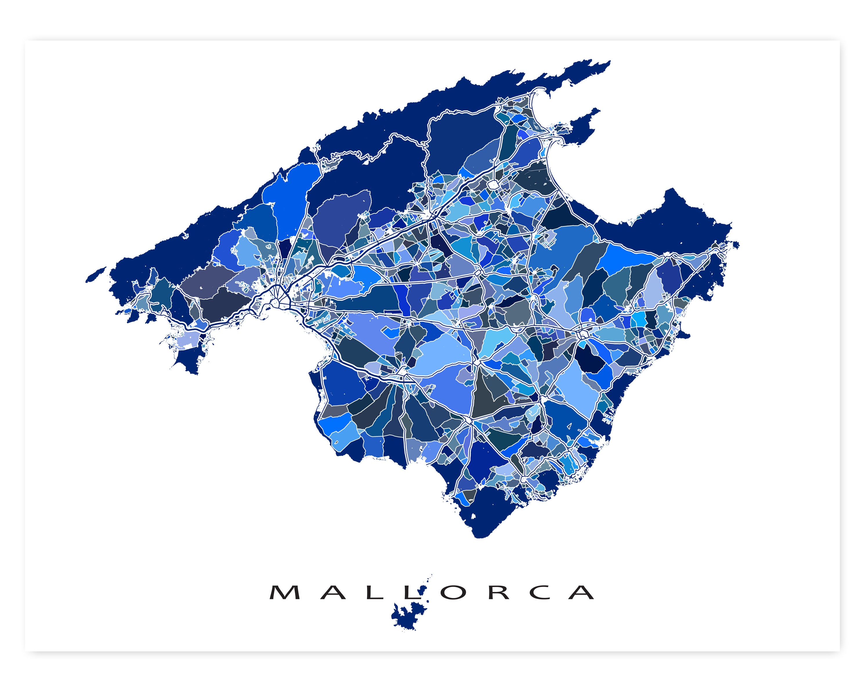 Mallorca Map Print, Blue Geometric Majorca Spain Island Art Prints, Pa ...