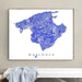 Framed map of Mallorca on a wall above a white bench.