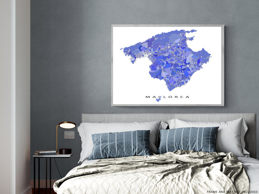 Mallorca, Spain map art print in blue, purple and lavender shapes designed by Maps As Art.