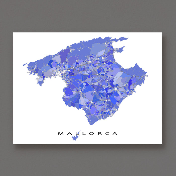 Map of Mallorca with a purple and lavender color gradient on a white background