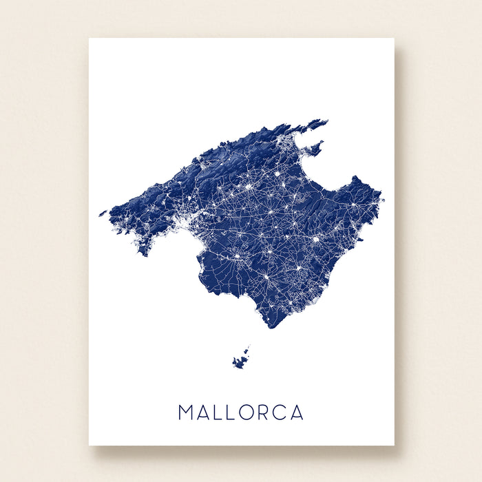 Map of Mallorca with a network of lines on a white background