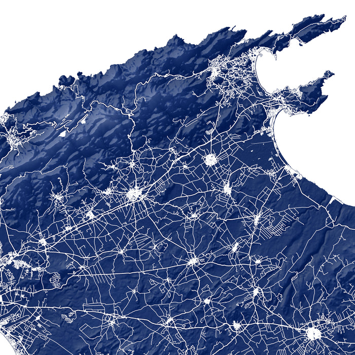 Map of a coastal region with roads and urban areas highlighted on a blue background
