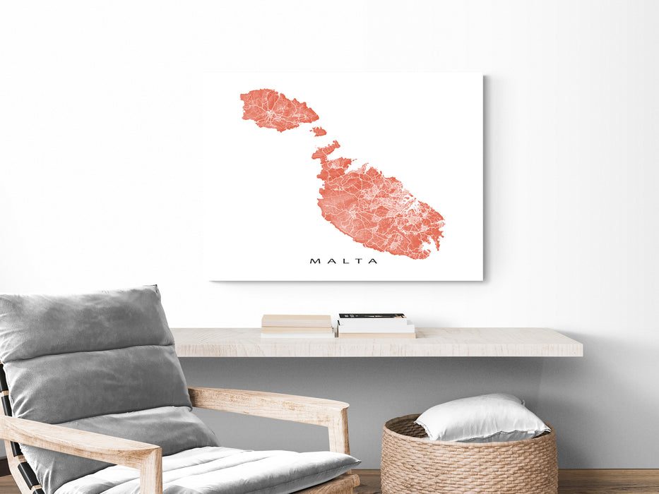 Malta map print with natural landscape and main roads from Maps As Art.