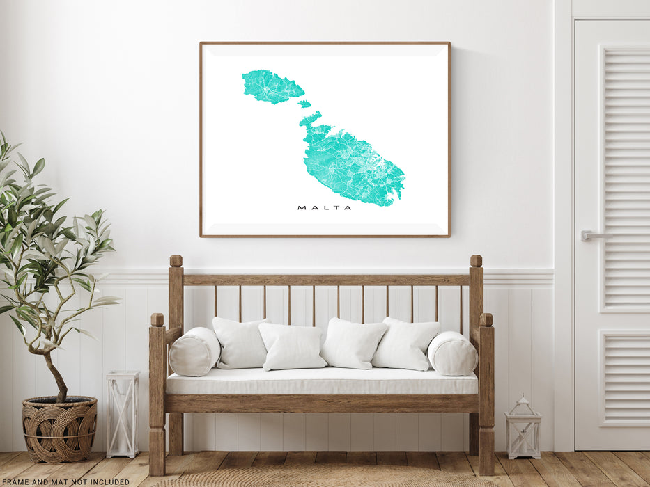 Malta map print with natural landscape and main roads from Maps As Art.
