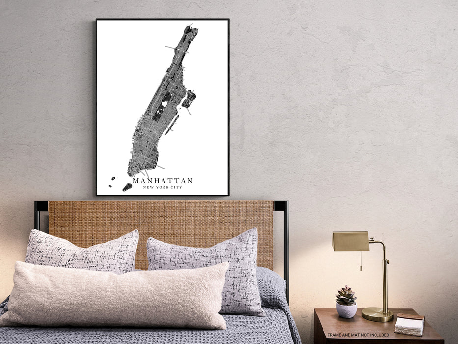 Manhattan island, New York City, NY map print with a black and white topographic landscape design by Maps As Art.
