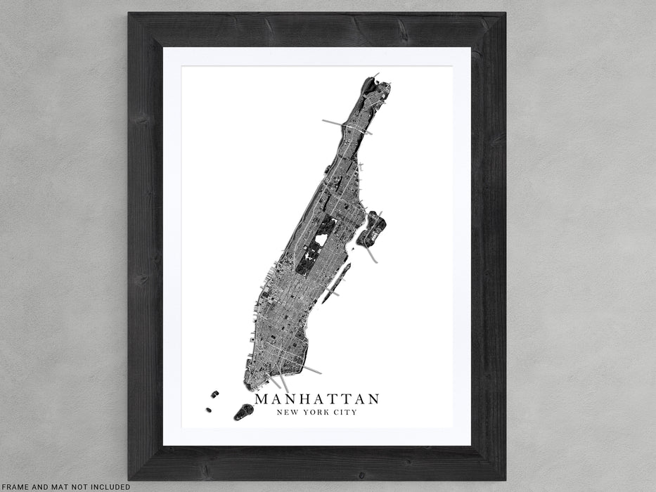 Manhattan island, New York City, NY map print with a black and white topographic landscape design by Maps As Art.Manhattan island, New York City, NY map print with a black and white topographic landscape design by Maps As Art.