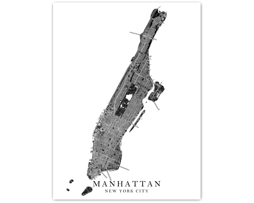 Manhattan island, New York City, NY map print with a black and white topographic landscape design by Maps As Art.