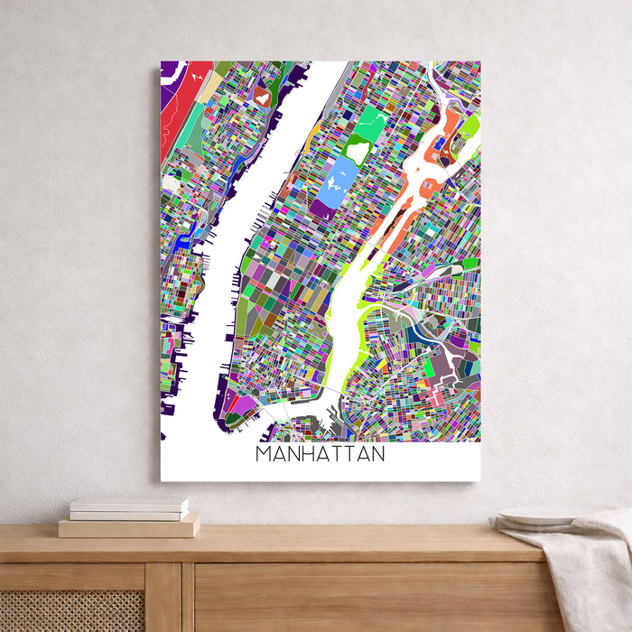 Colorful map of Manhattan on a wall above a wooden shelf.