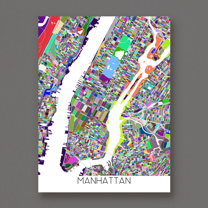 Colorful map of Manhattan on a gray background