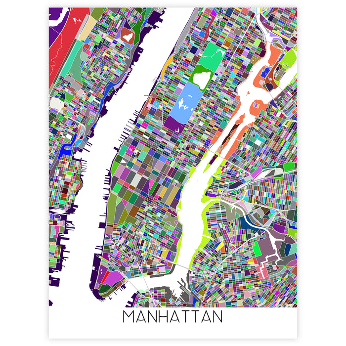 Colorful map of Manhattan with 'Manhattan' text at the bottom.