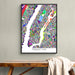 Framed colorful map of Manhattan on a wall above a wooden bench.