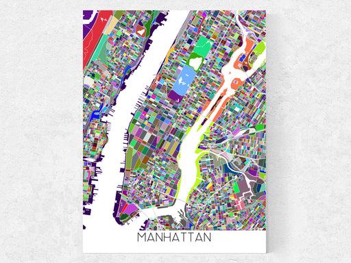 Manhattan, New York City map wall art print with a colorful, multicolored geometric design by Maps As Art. 