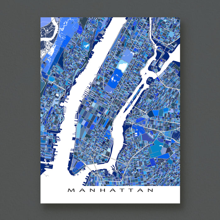 Map of Manhattan in blue and white on a dark gray background