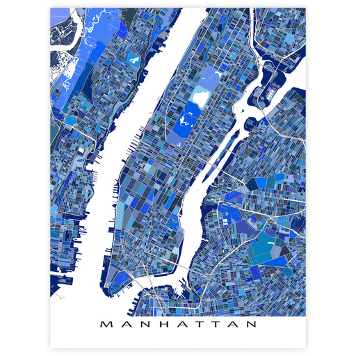 Map of Manhattan in blue tones on a white background