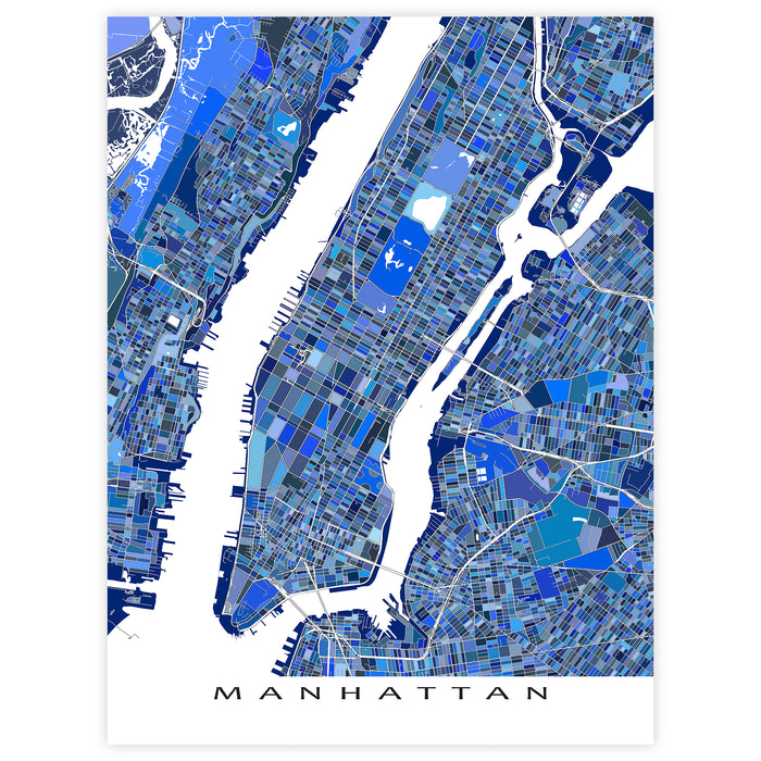 Map of Manhattan in blue tones on a white background