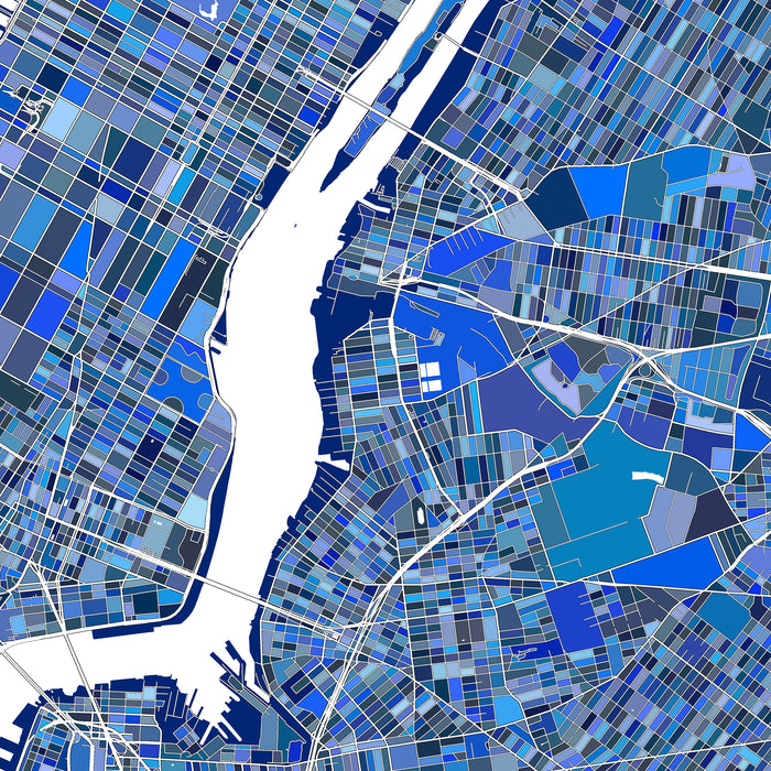 Map of a city with a grid pattern in various shades of blue.