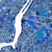 Map of a city with a grid pattern in various shades of blue.