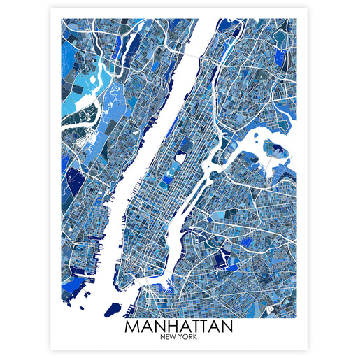 Map of Manhattan, New York in blue and gray on a white background