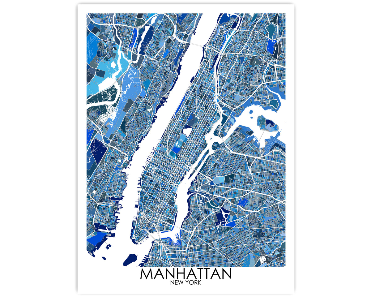 Manhattan Map Print Poster with Blue Geometric Abstract Wall Art Desig ...