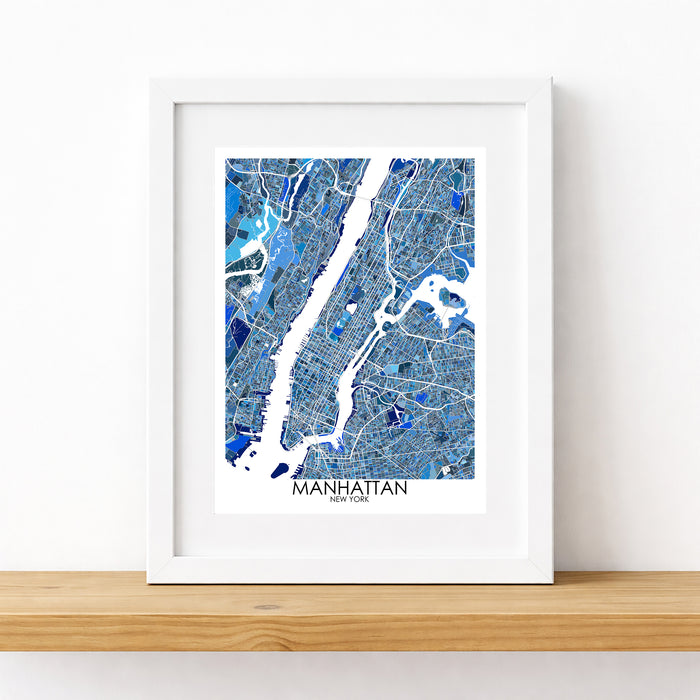 Framed map of Manhattan on a white wall