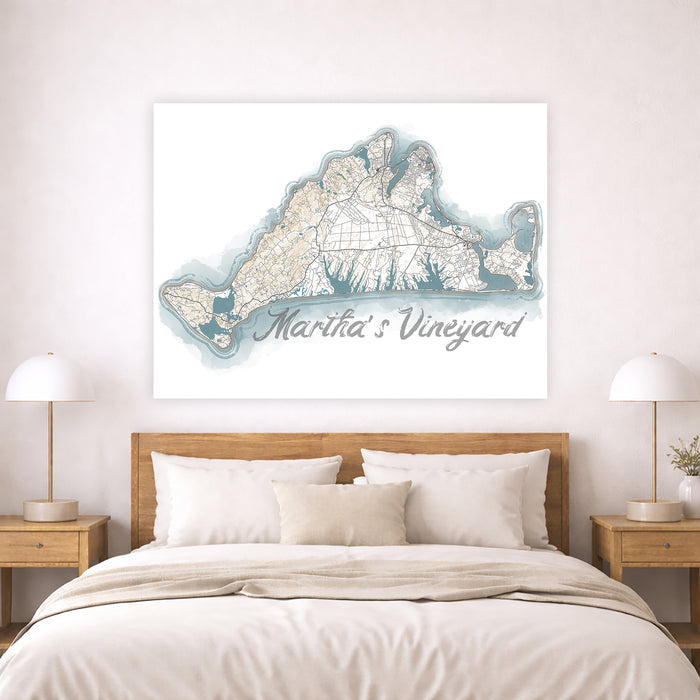 Map of Martha's Vineyard on a wall above a bed in a bedroom.