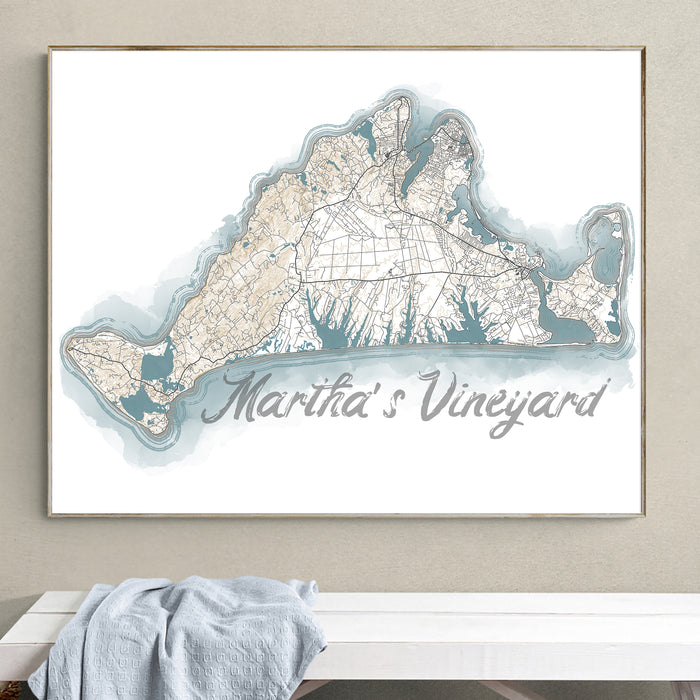 Framed map of Martha's Vineyard on a wall above a white bench.