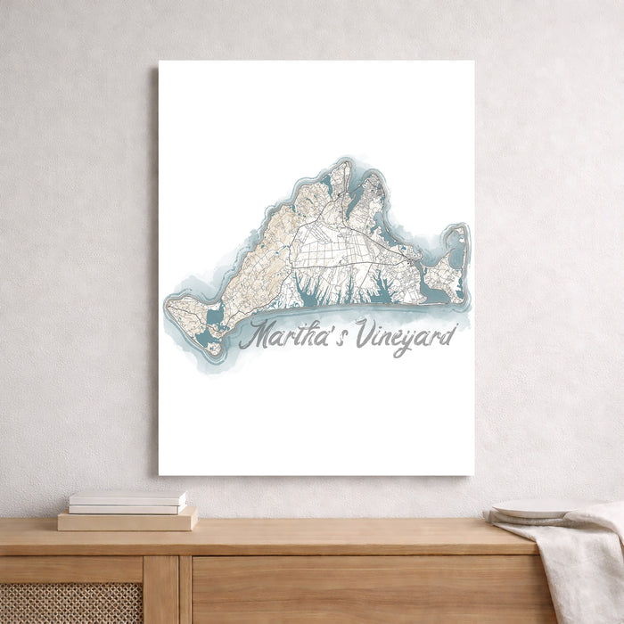 Map of Martha's Vineyard on a wall above a wooden console table.