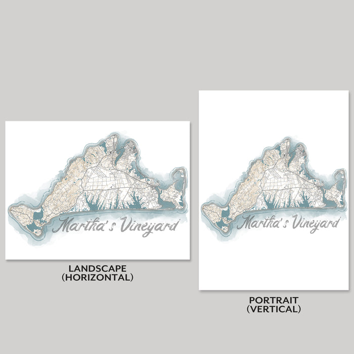 Two maps of Martha's Vineyard, one in landscape and one in portrait orientation, on a gray background.