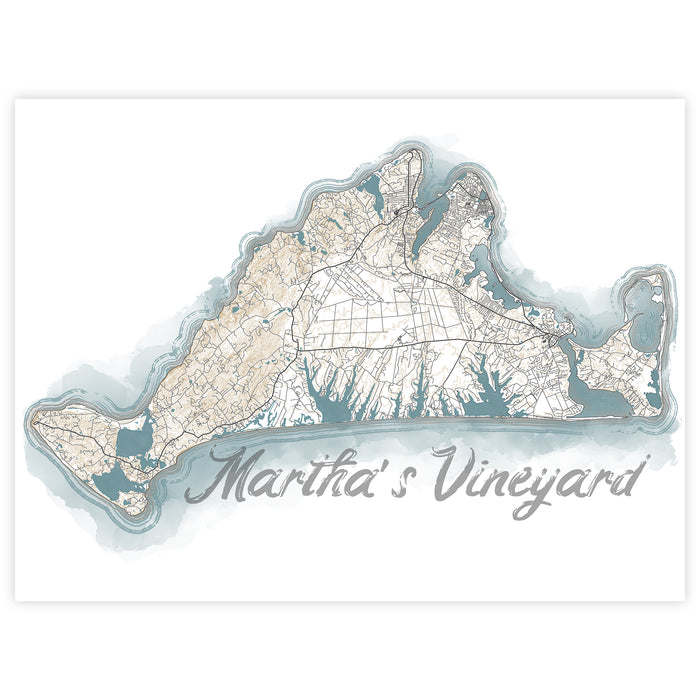 Map of Martha's Vineyard with a light blue and beige color scheme on a white background.
