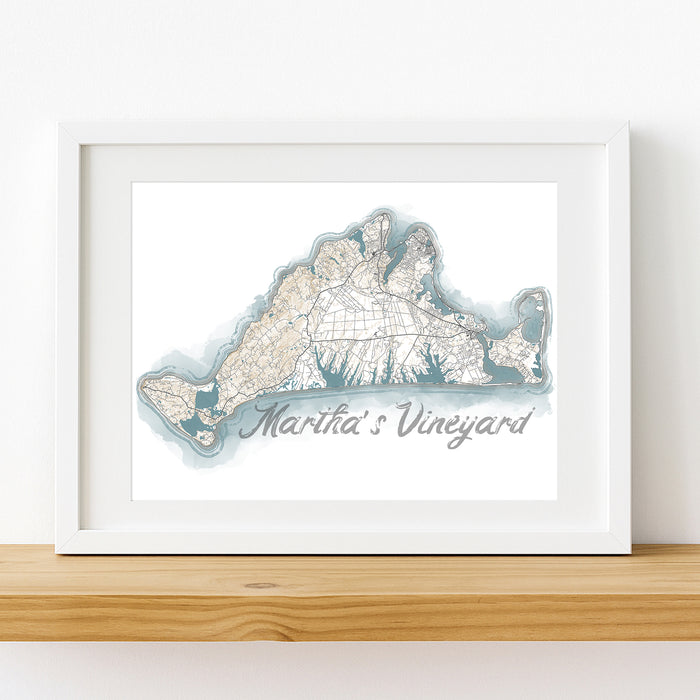 Framed map of Martha's Vineyard on a white wall
