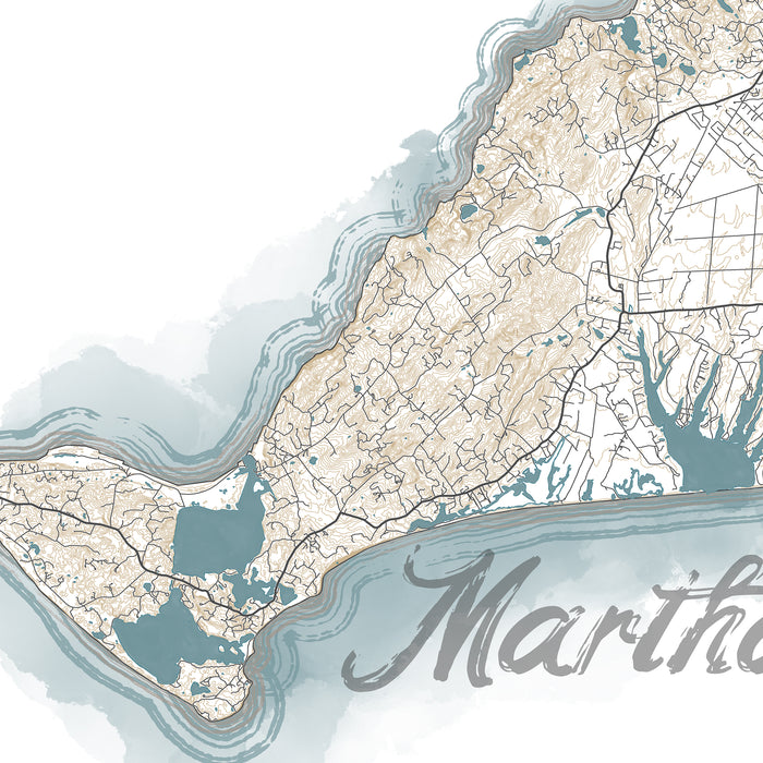 Map of Martha's Vineyard with water bodies and roads.