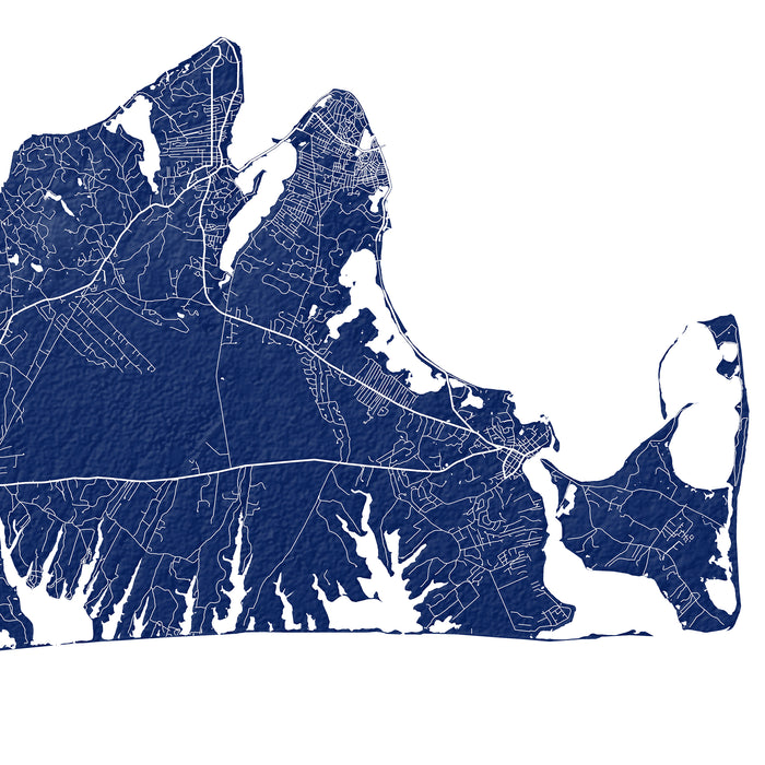 Map of Cape Cod in blue on a white background