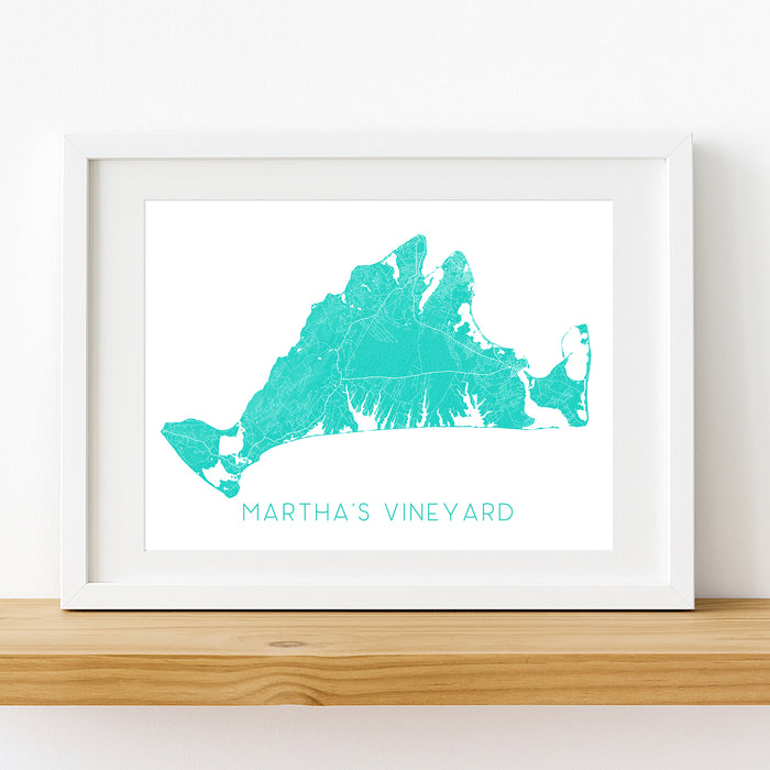 Framed map of Martha's Vineyard with turquoise color on a white background