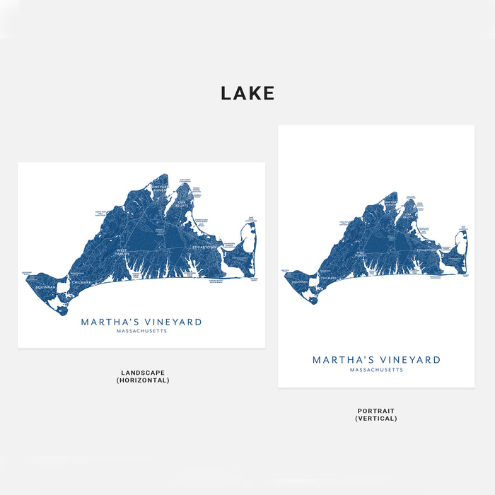 Two maps of Martha's Vineyard, Massachusetts, one in landscape and one in portrait orientation, on a white background.