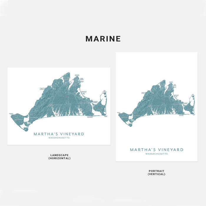 Two maps of Martha's Vineyard, Massachusetts, one in landscape and one in portrait orientation, on a white background.