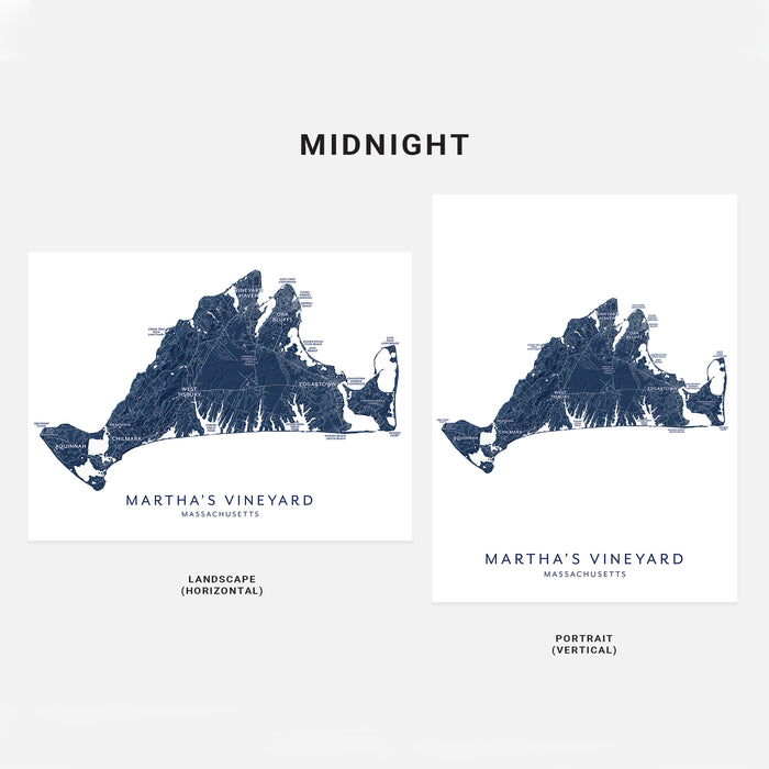 Two map designs of Martha's Vineyard, Massachusetts, labeled 'Landscape (Horizontal)' and 'Portrait (Vertical)', on a white background.