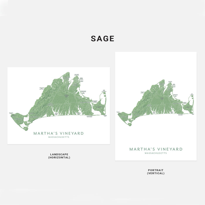 Two maps of Martha's Vineyard, one landscape and one portrait, on a white background with 'SAGE' branding.