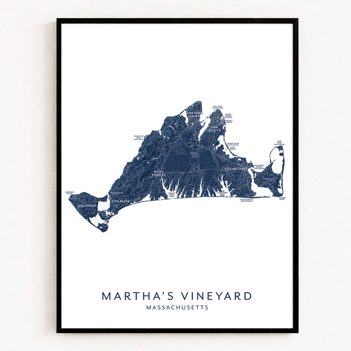 Framed map of Martha's Vineyard, Massachusetts on a white background