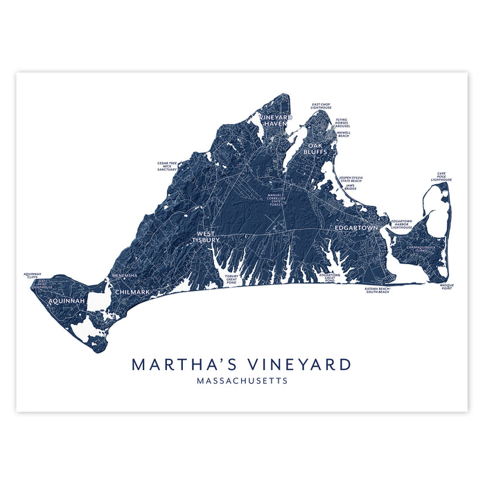 Map of Martha's Vineyard, Massachusetts with labeled towns on a white background