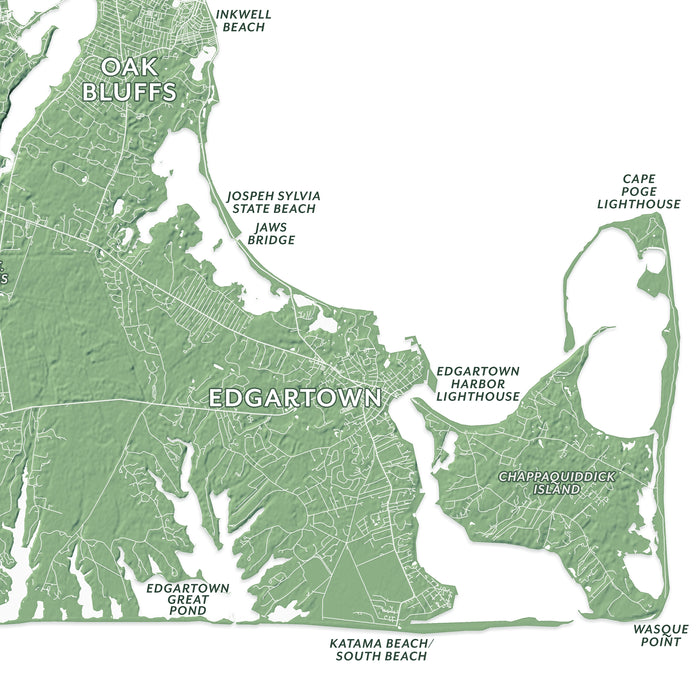 Map of Edgartown and surrounding areas with labels for landmarks and locations.