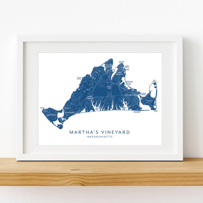 Framed map of Martha's Vineyard, Massachusetts on a white wall.