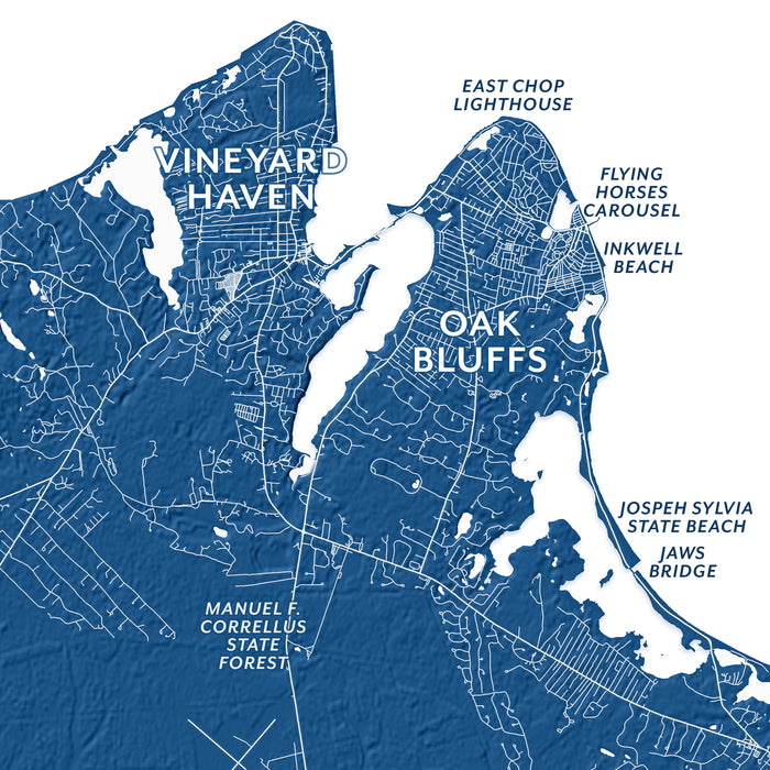 Map of Oak Bluffs and Vineyard Haven with labeled landmarks on a blue background