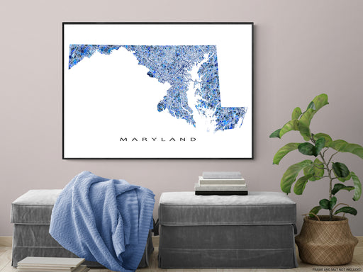 Maryland state map art print in blue shapes designed by Maps As Art.