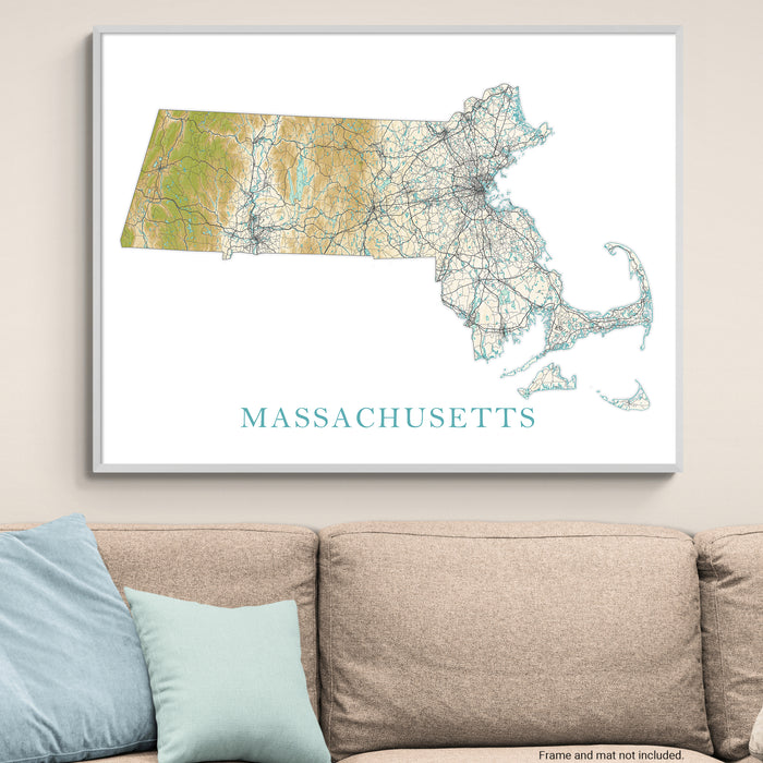 Map of Massachusetts framed on a wall above a sofa